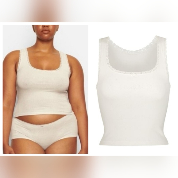 SKIMS LACE POINTELLE TANK TOP IN BONE 3X NWT - Picture 2 of 10